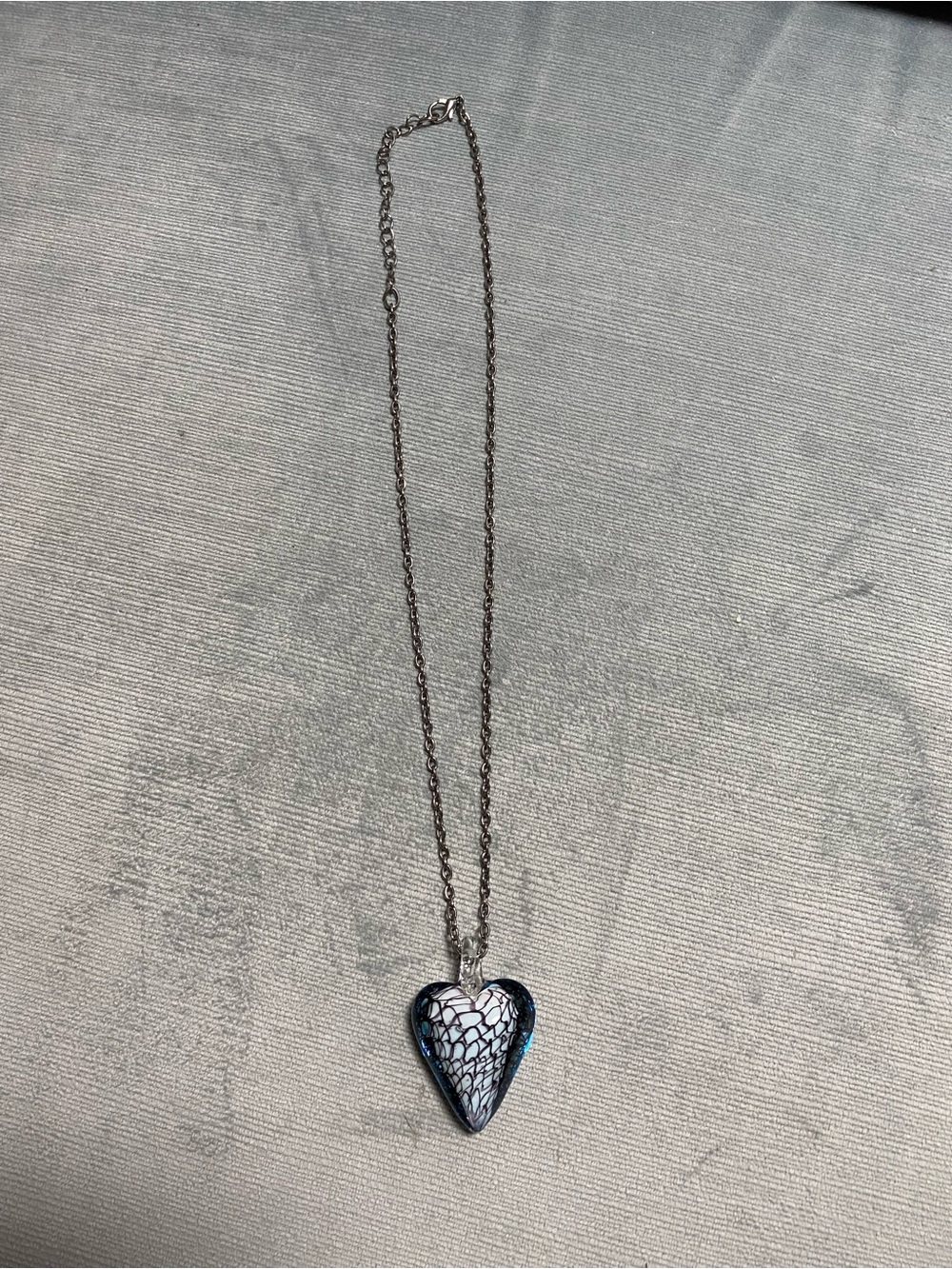 Artisan Handblown Glass Heart Pendant on a Vintage Silver Link Chain, Blue White